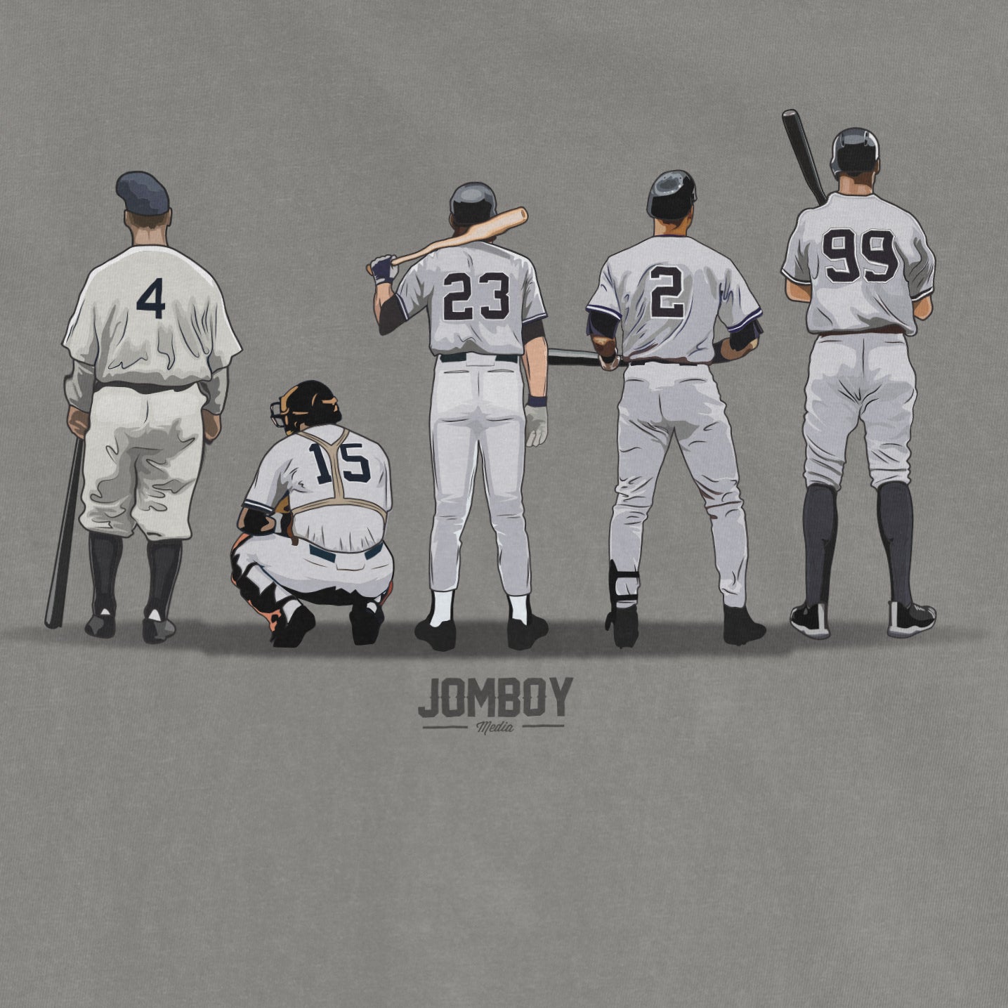 Illustration of five baseball players in vintage uniforms, standing with their backs, with "JOMBOY Media" text below.
