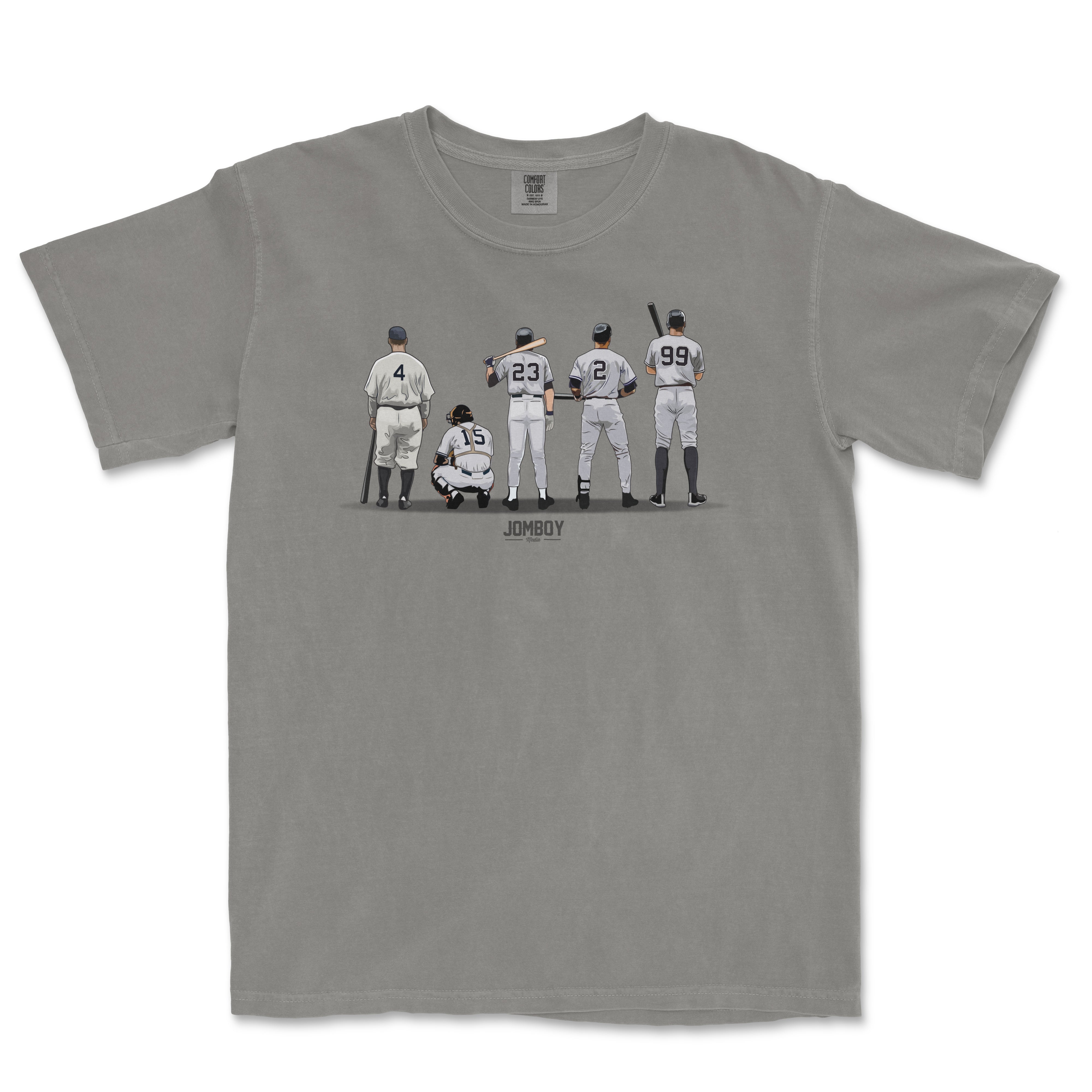 Gray T-shirt featuring an illustration of five baseball players in vintage uniforms, standing with their backs facing forward.