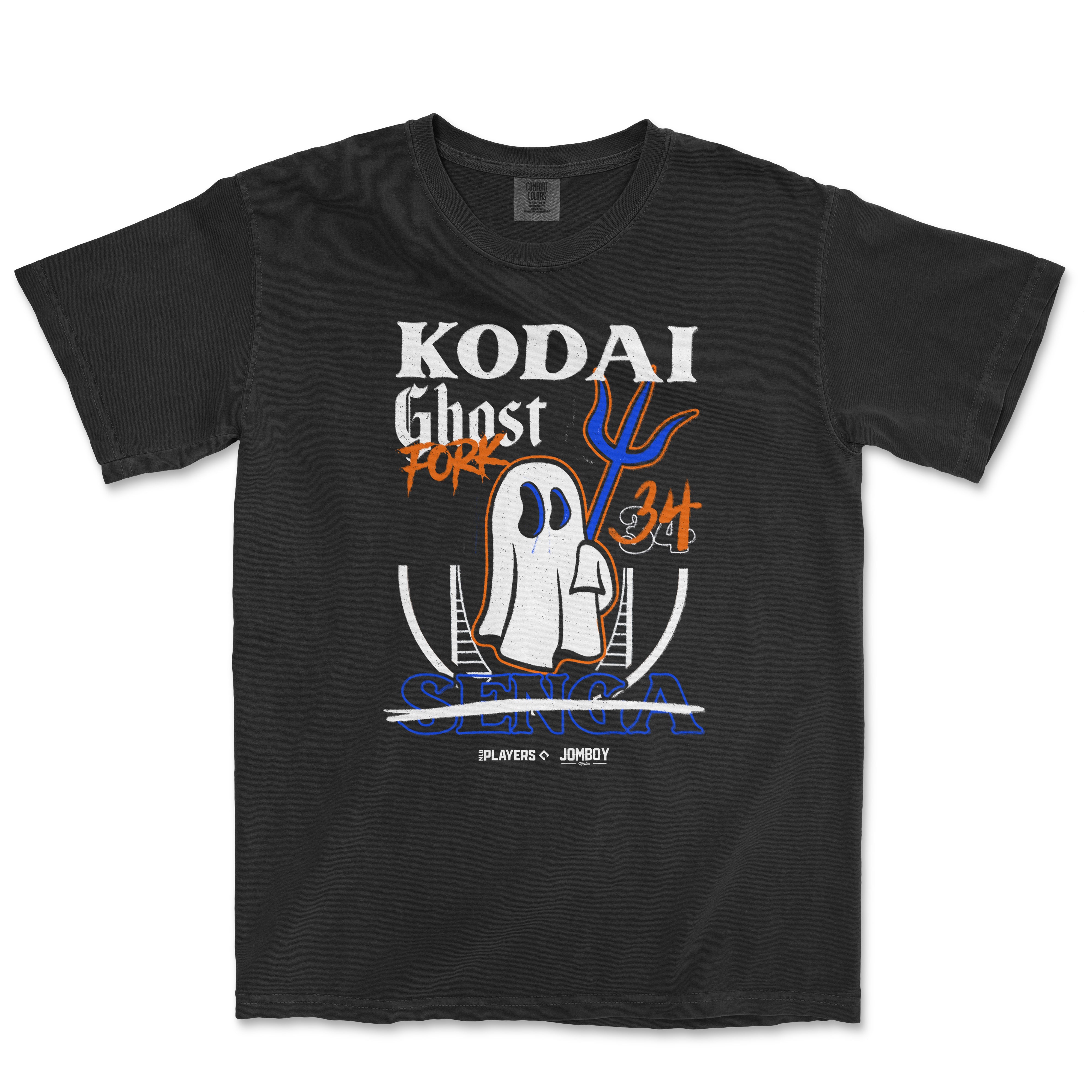 Black Comfort Colors T-shirt featuring a graphic design of Kodai Senga's Ghost Fork pitch, with text and a cartoon ghost illustration.
