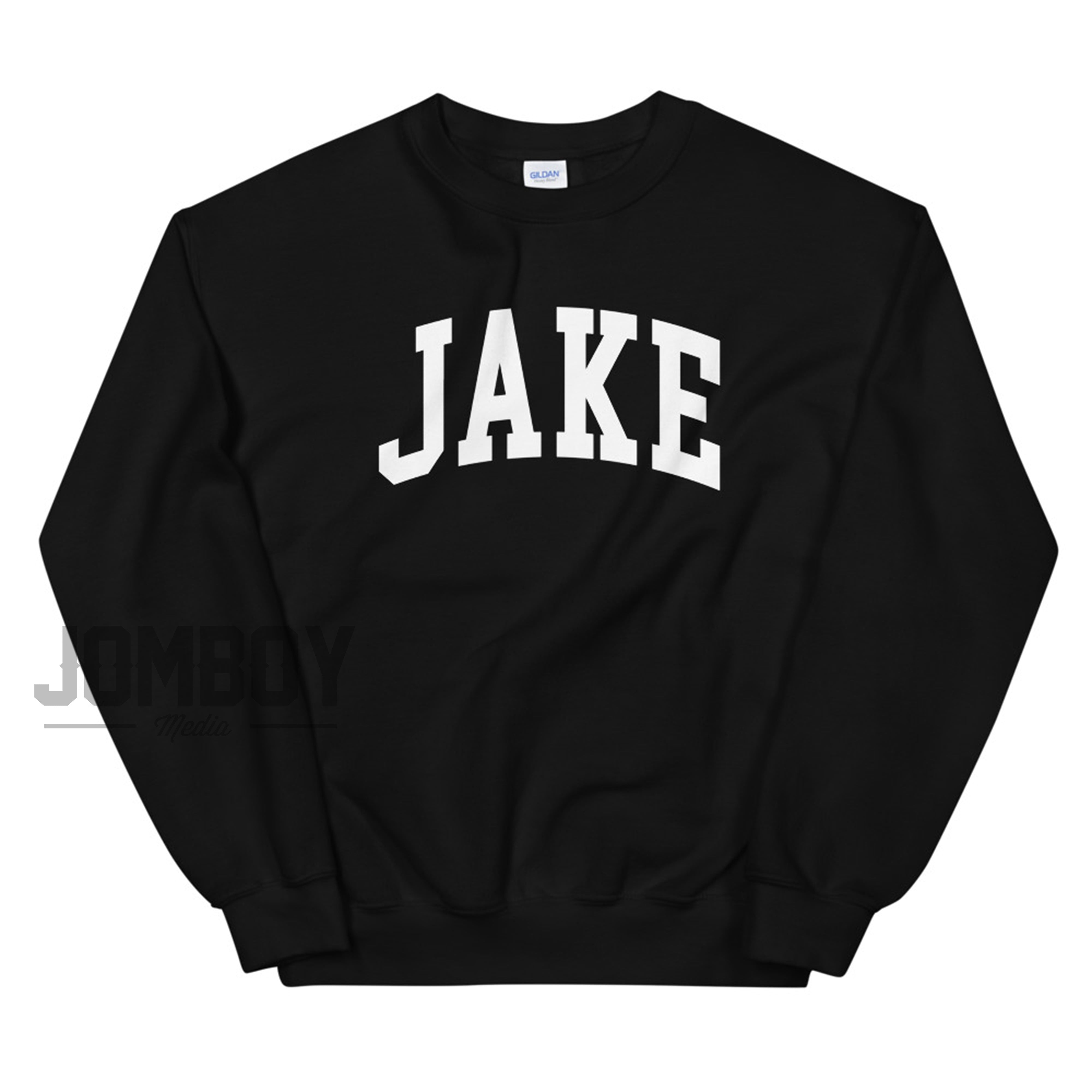 Black sweatshirt with bold white "JAKE" lettering across the chest, featuring a crew neckline and ribbed cuffs.