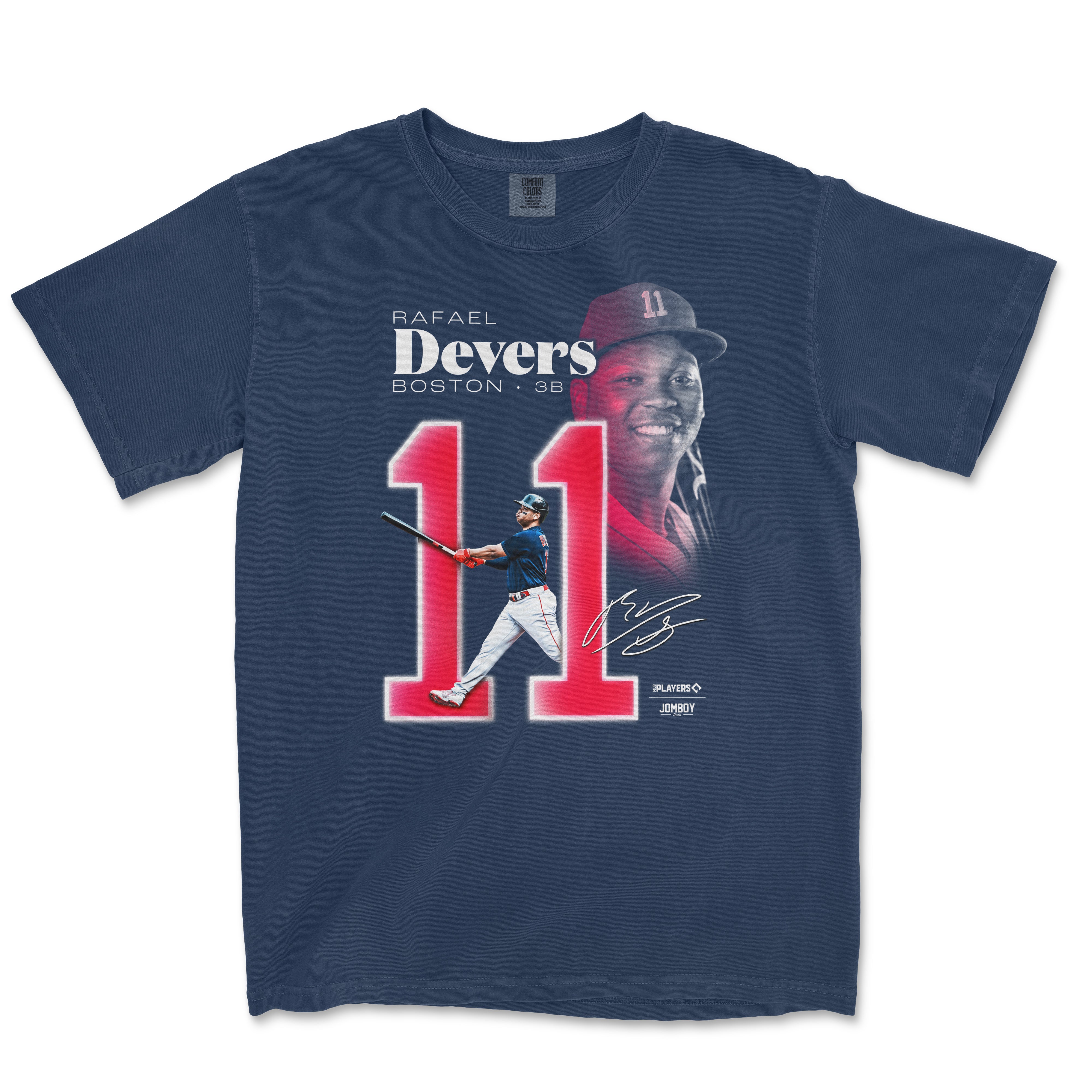 T-shirt featuring Rafael Devers' signature, number 11, and images of him batting and smiling, celebrating his baseball career.