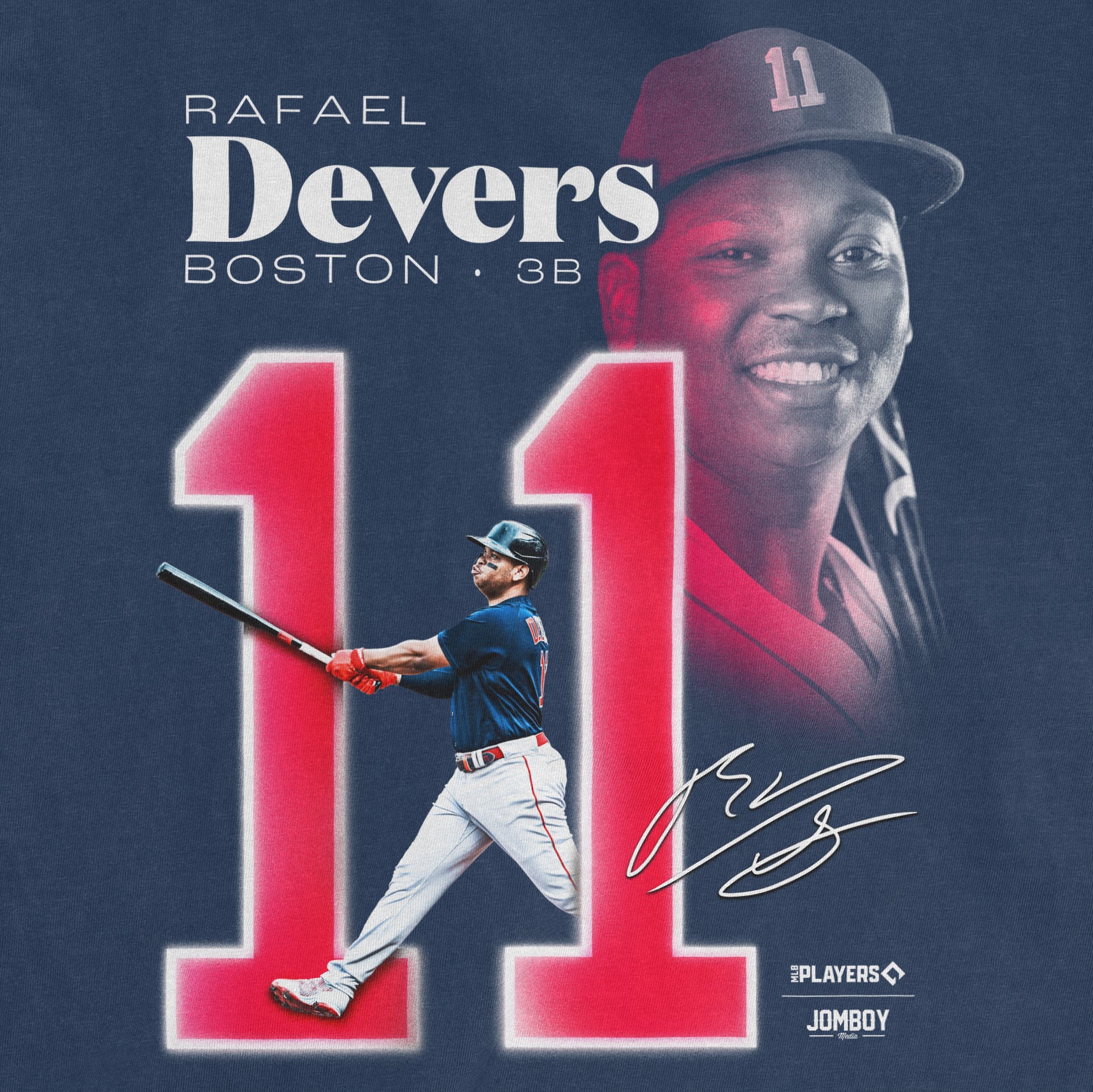 Close-up of Rafael Devers Signature Series memorabilia featuring his portrait, signature, and a baseball player action shot.