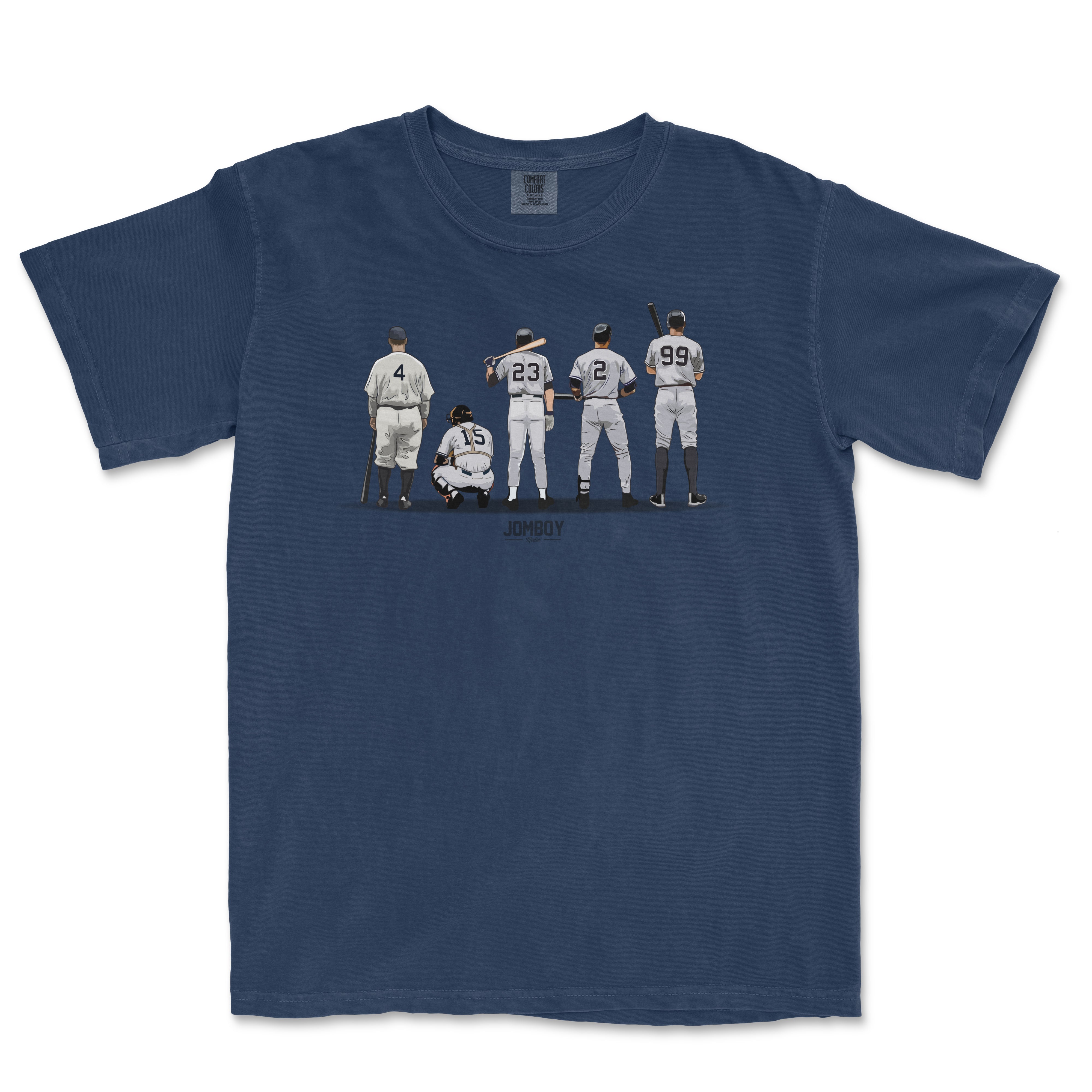Blue T-shirt featuring a graphic of five baseball players in vintage uniforms, standing with their backs, with "The Captains" text below.