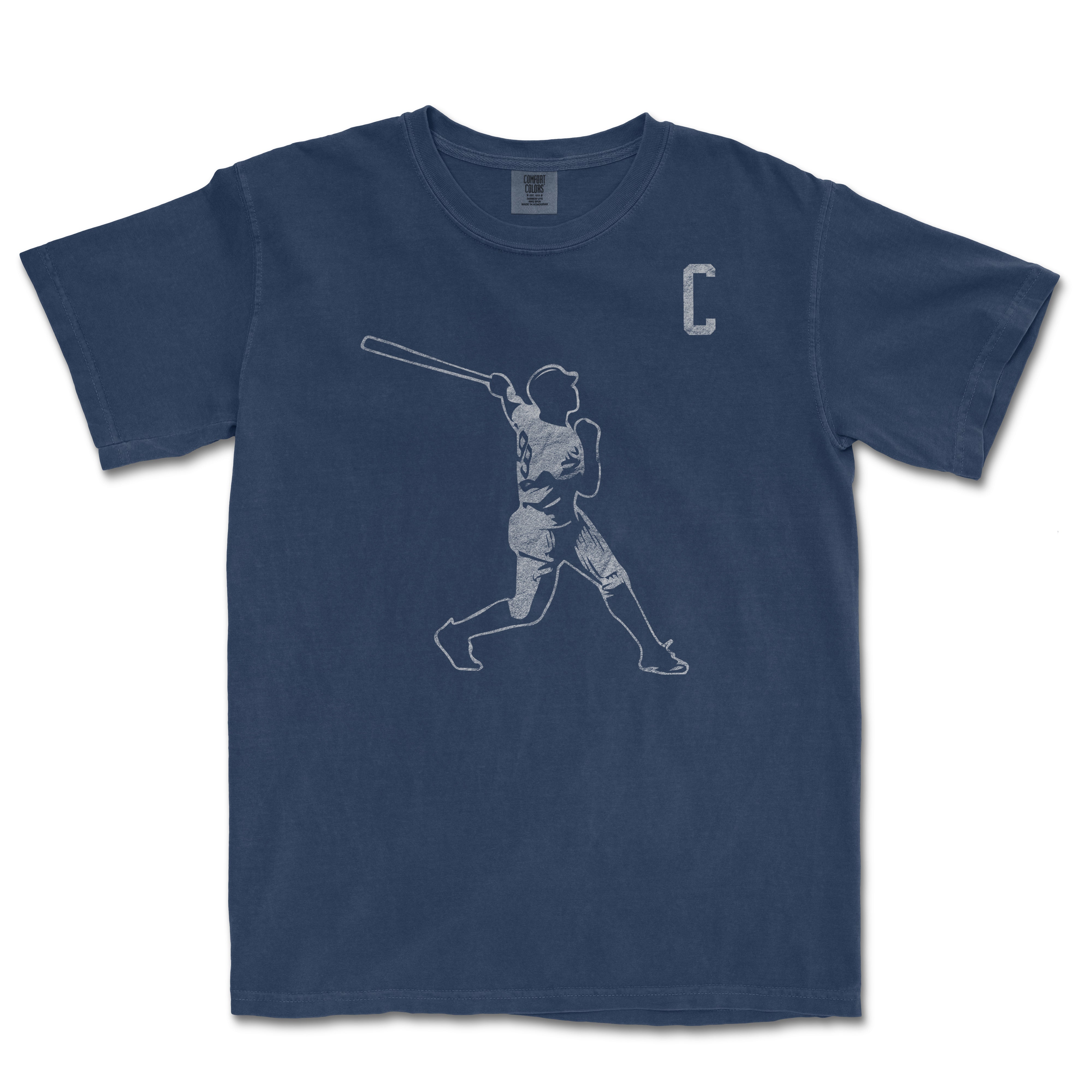 Blue T-shirt featuring a white outline of a baseball player swinging a bat and a large letter "C" on the upper right chest.