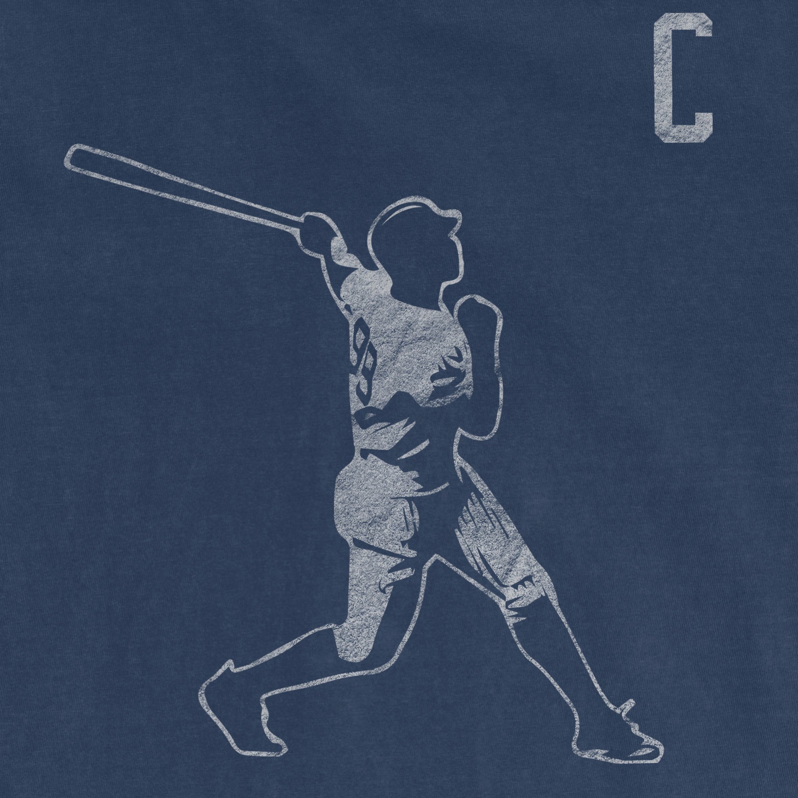 Outline of a person swinging a baseball bat, with a large letter "C" in the top right corner on a blue background.