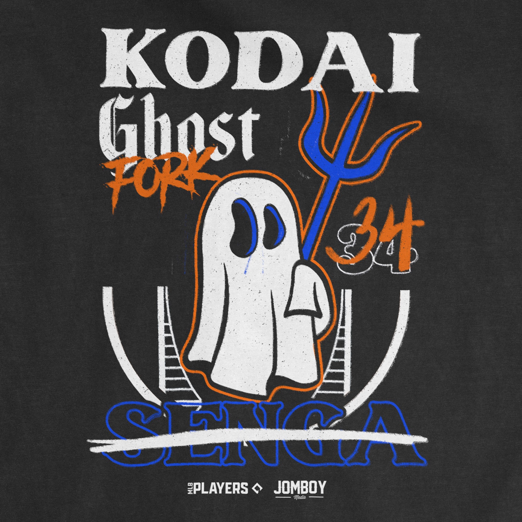 Black Comfort Colors tee featuring a graphic of Kodai Senga's Ghost Fork pitch, with stylized text and a cartoon ghost holding a trident.