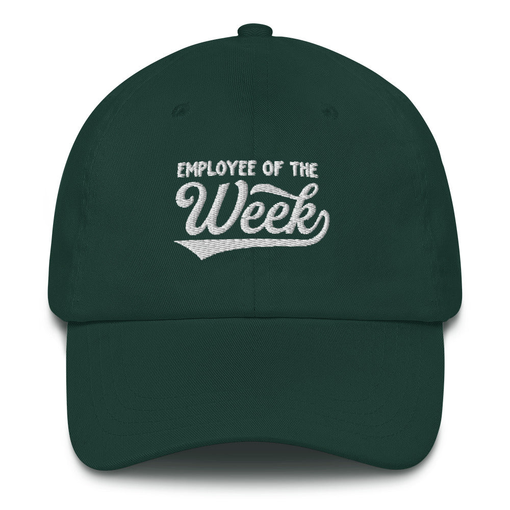 Green dad hat with white embroidered text reading "Employee Of The Week" on the front.