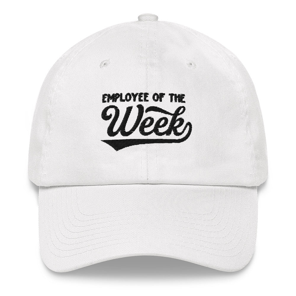 White dad hat with "Employee of the Week" embroidered in black, casual accessory for recognizing top employees.