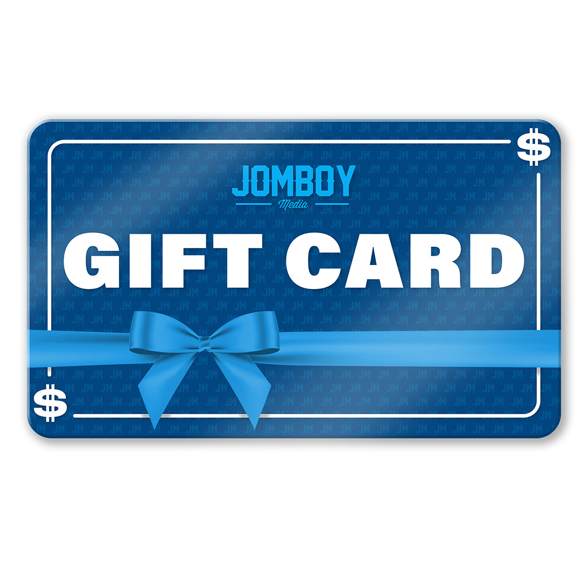 Blue Jomboy Media gift card with a ribbon, featuring white text "GIFT CARD" and dollar signs in the corners.