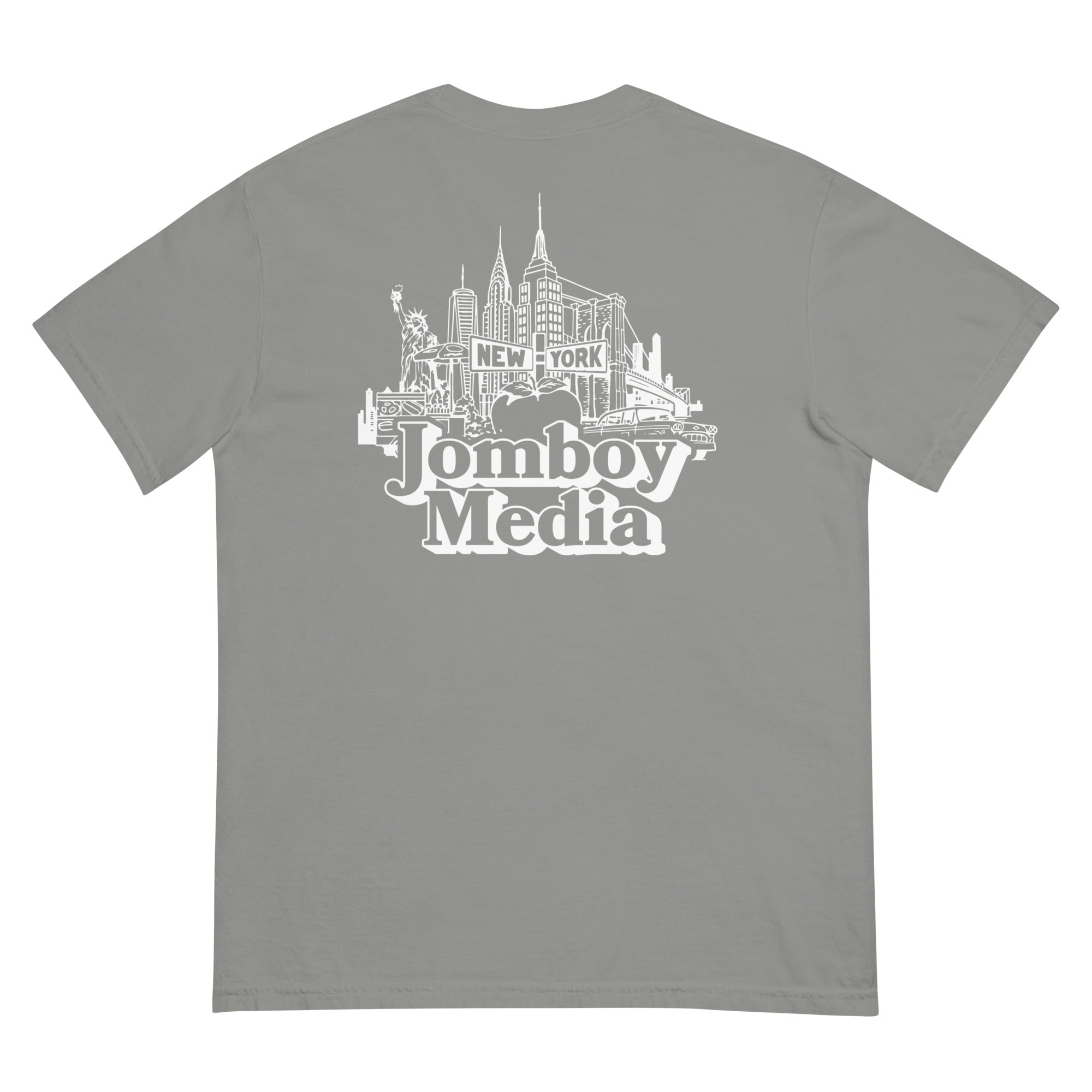 Gray T-shirt featuring a white line art illustration of New York City skyline with "Jamboy Media" text below.