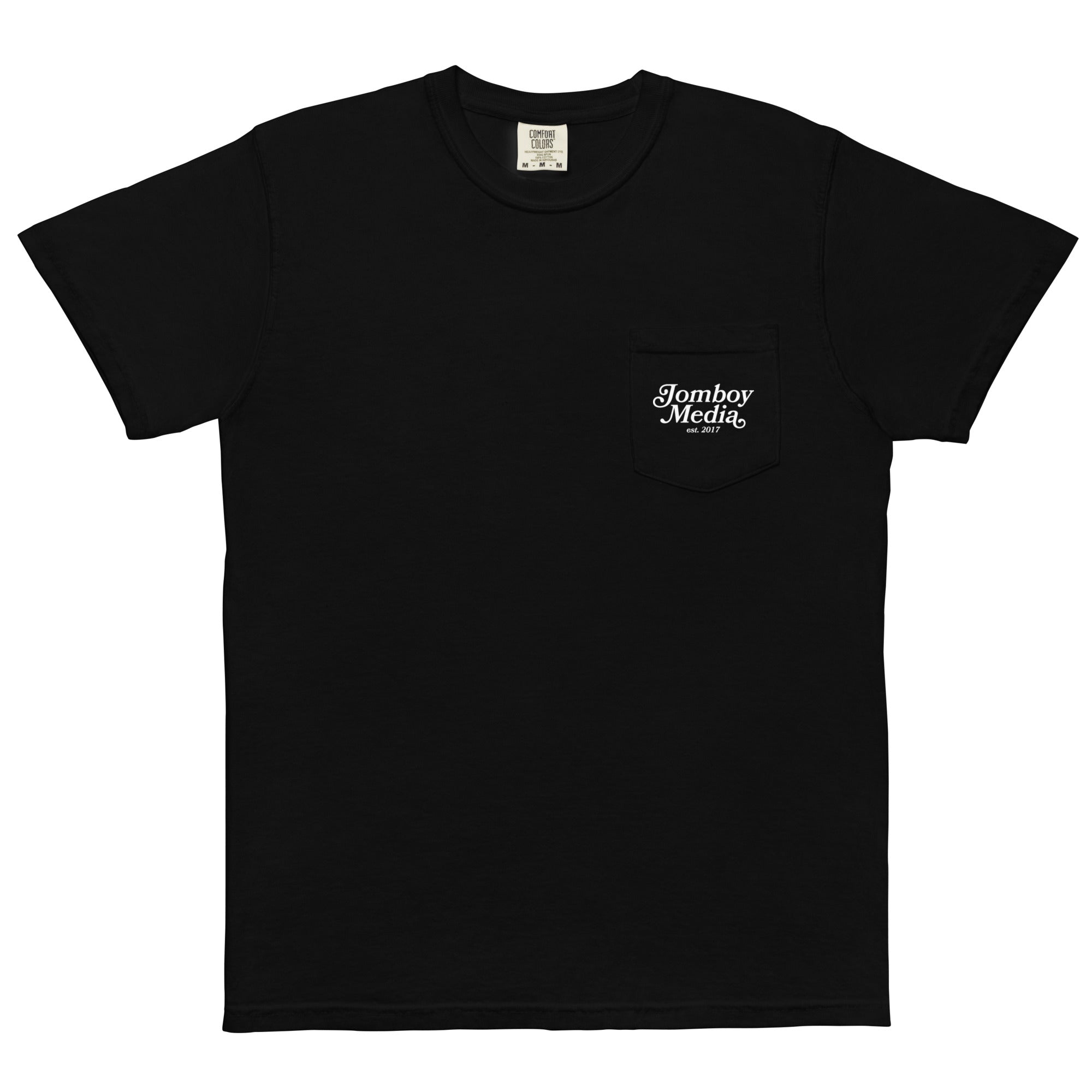 Black T-shirt with a chest pocket featuring white "Jomboy Media est. 2017" text.