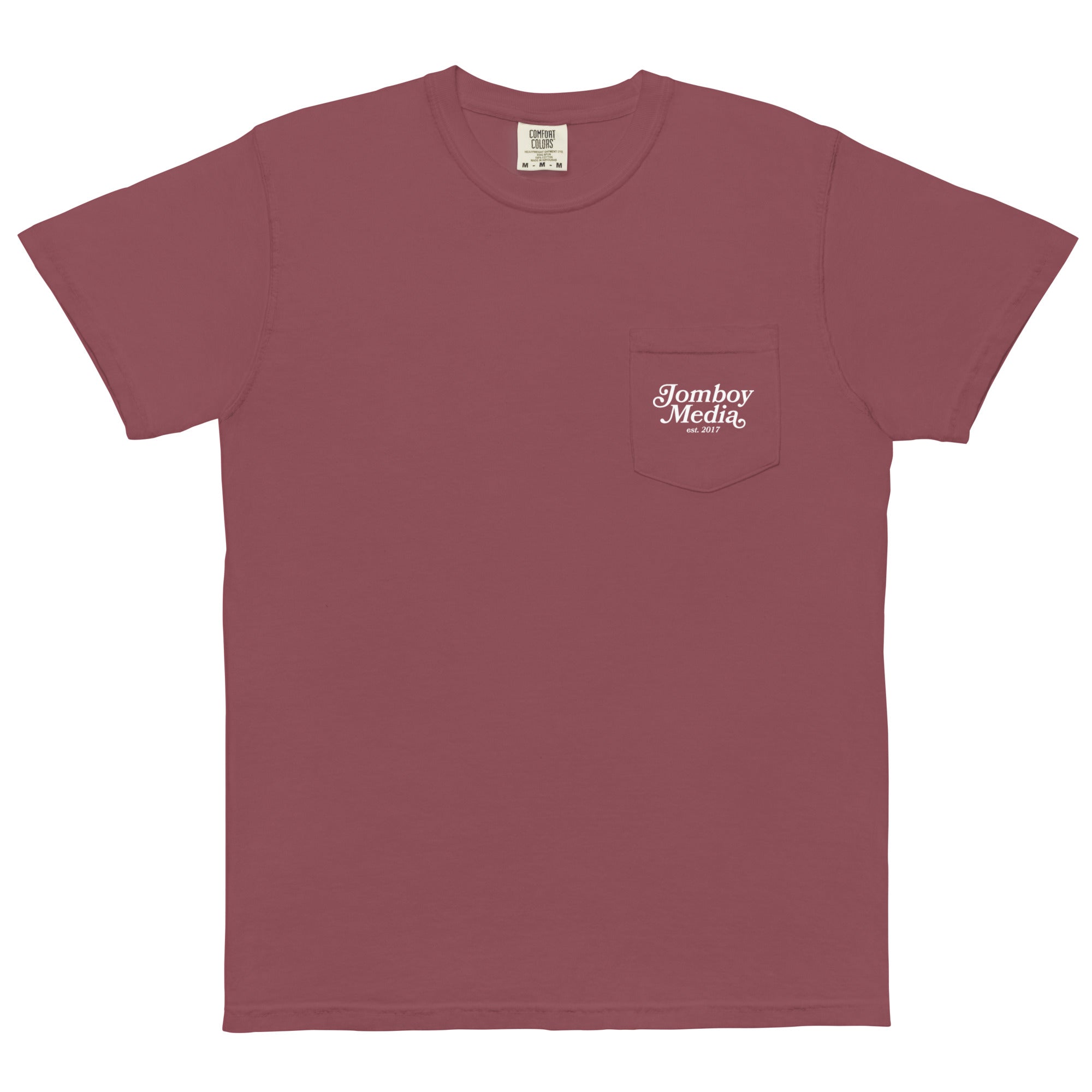 Maroon T-shirt with a front pocket featuring white "Jomboy Media est. 2017" text.