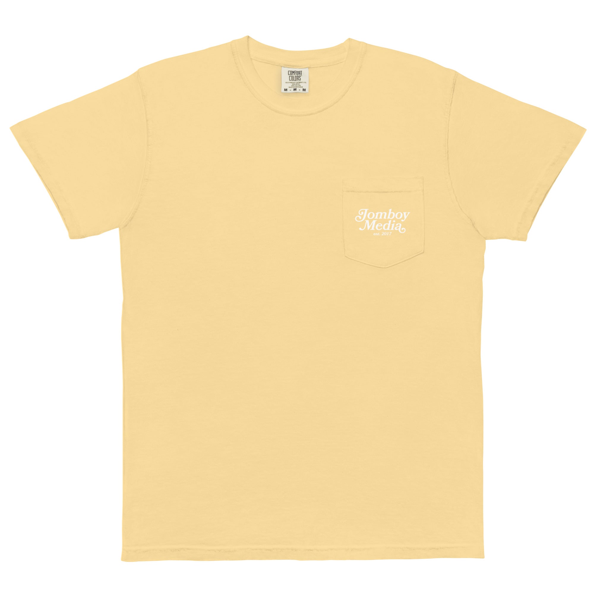 Yellow T-shirt with a front chest pocket featuring white "Jomboy Media" text and "est. 2017" underneath.