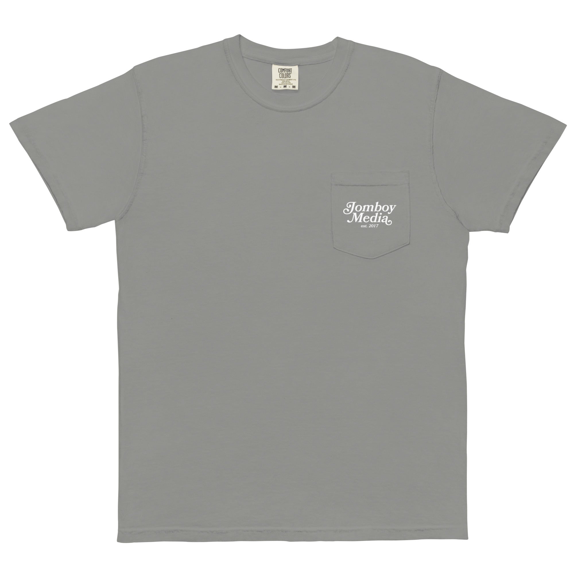 Gray T-shirt with a front chest pocket featuring white "Jomboy Media est. 2017" logo.