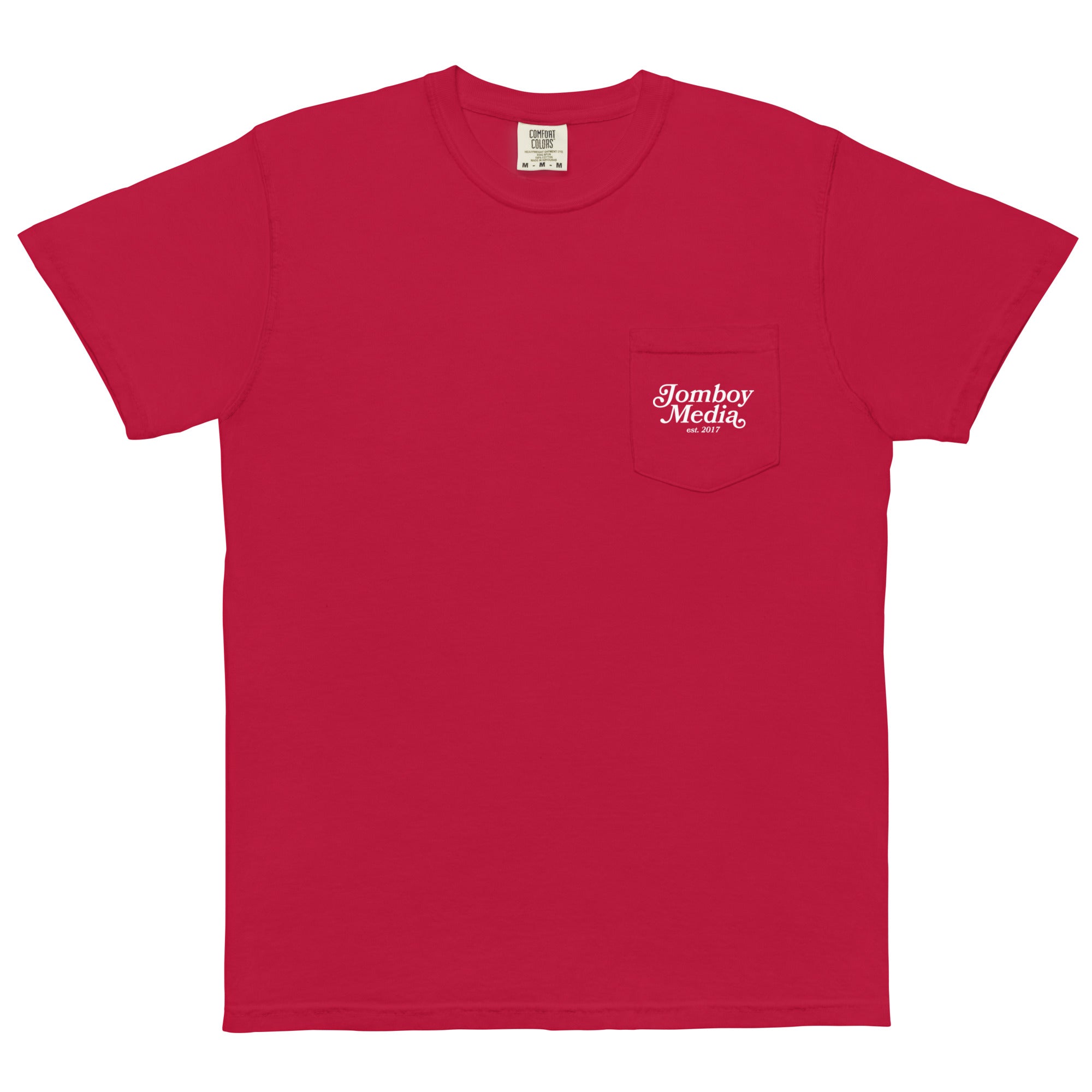 Red T-shirt with a front pocket featuring white "Jomboy Media est. 2017" text.