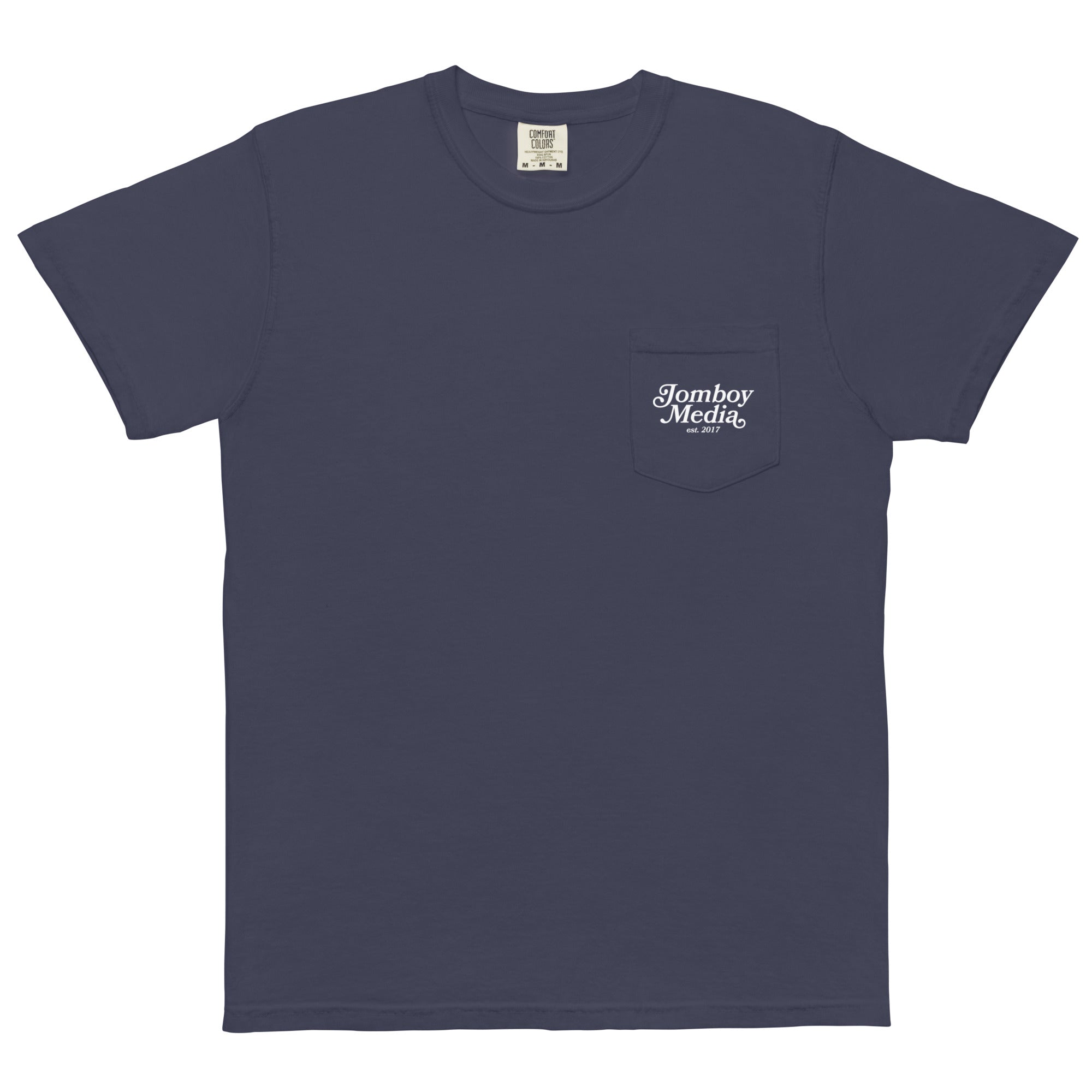Navy blue T-shirt with a chest pocket featuring white "Jomboy Media est. 2017" text logo.