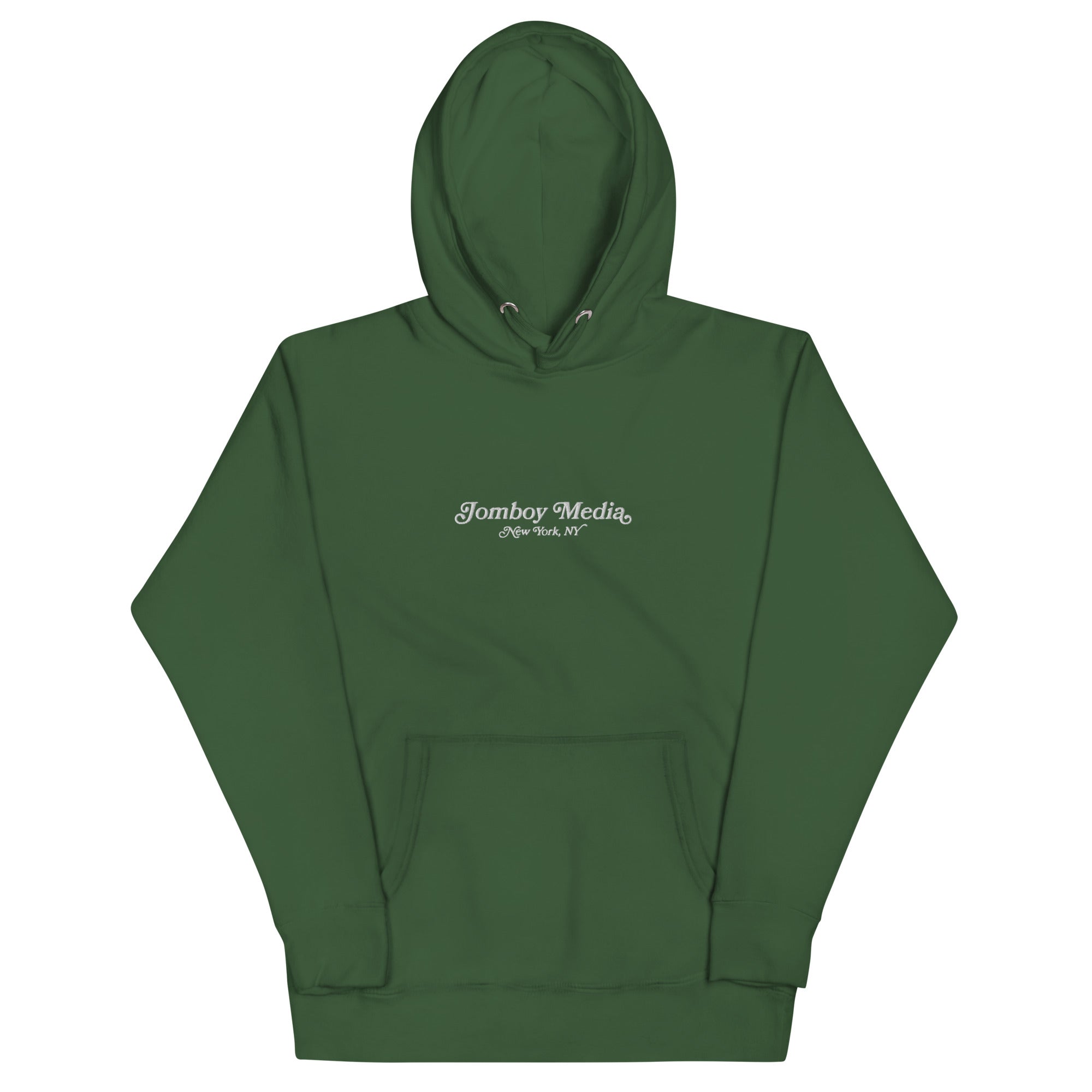 Green embroidered hoodie with "Jomboy Media New York, NY" text on front, featuring a hood and front pocket.
