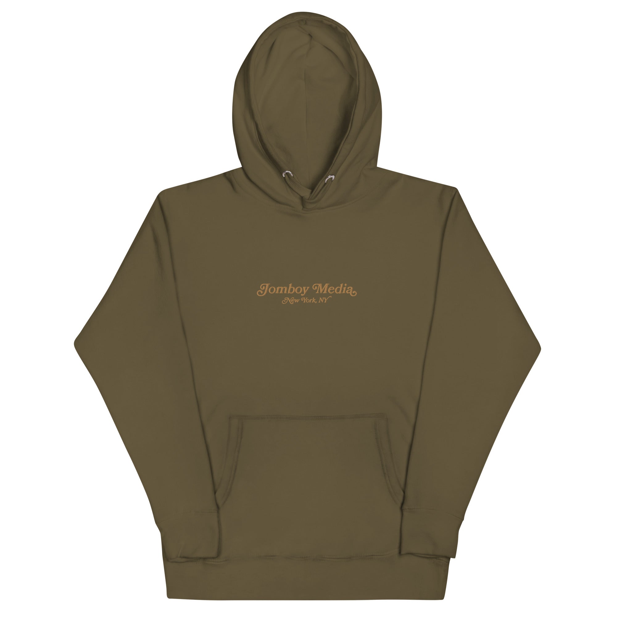 Olive green embroidered hoodie with "Jomboy Media, New York, NY" text on the front, featuring a hood and front pocket.