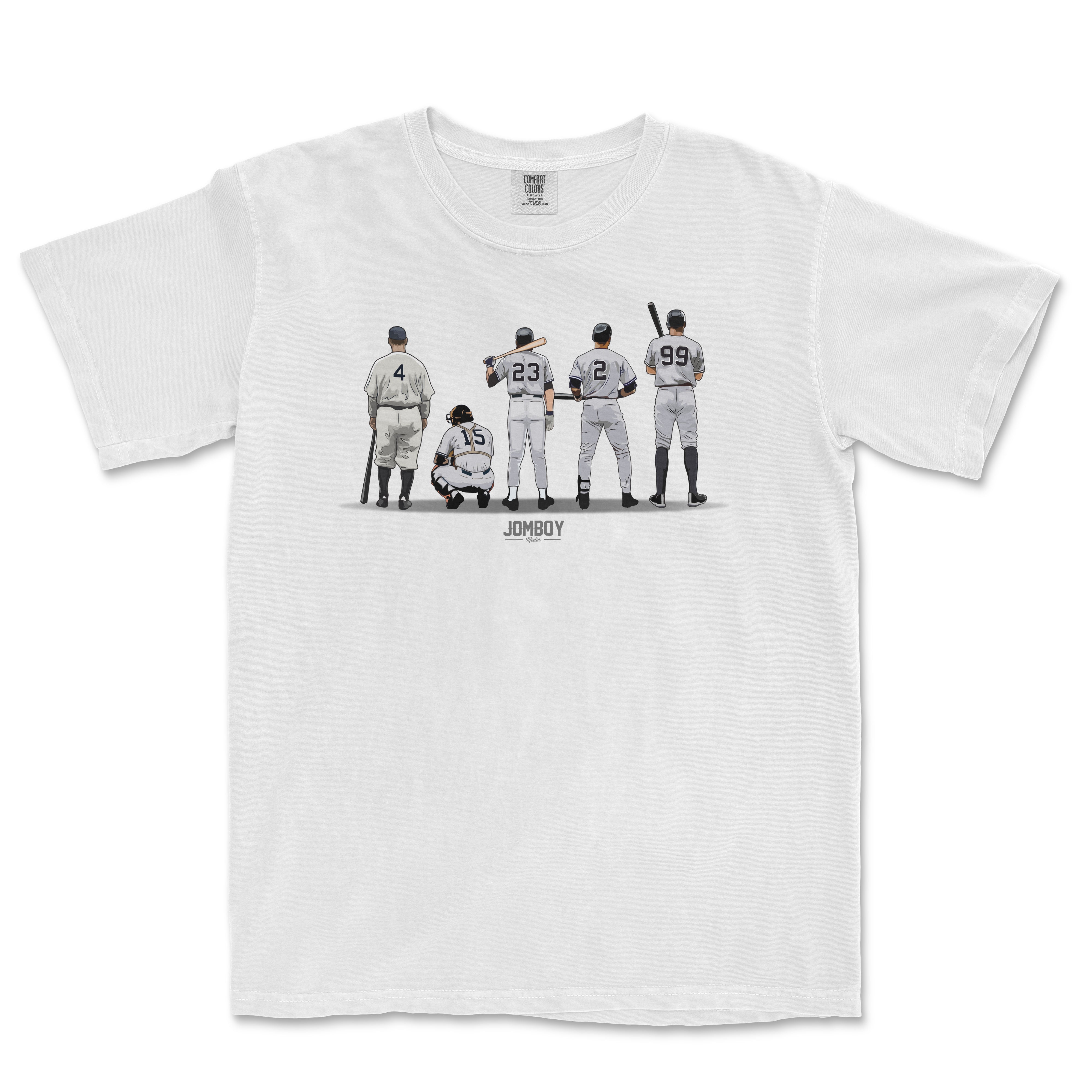 White T-shirt featuring a graphic of five baseball players from behind, with the text "JOMBOY" underneath.